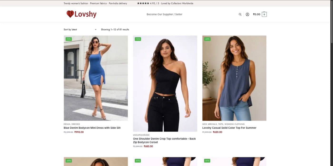 Lovshy public website showing its fashion product catalogue.