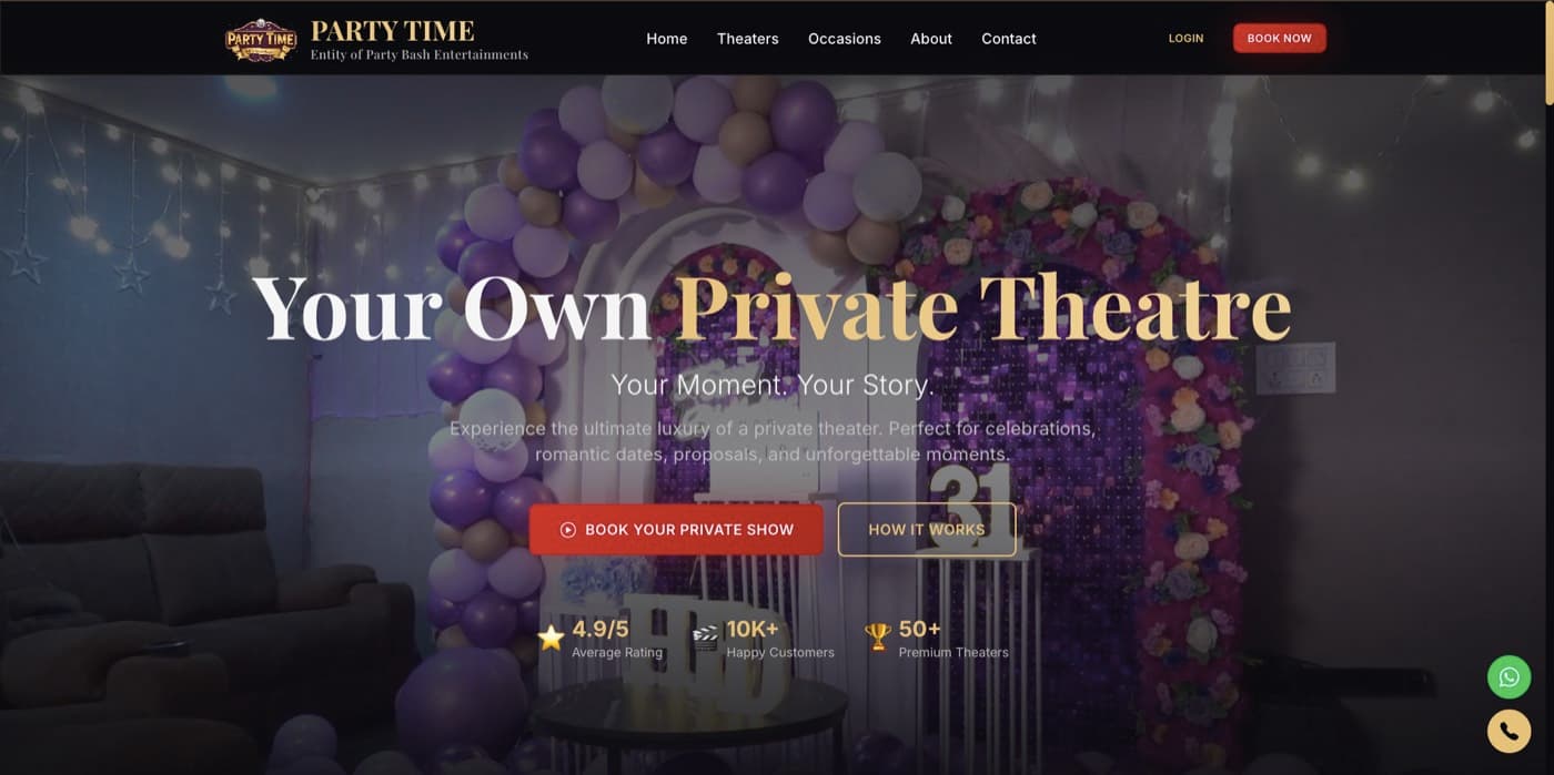 PartyTime public website showing its private-theatre booking experience.